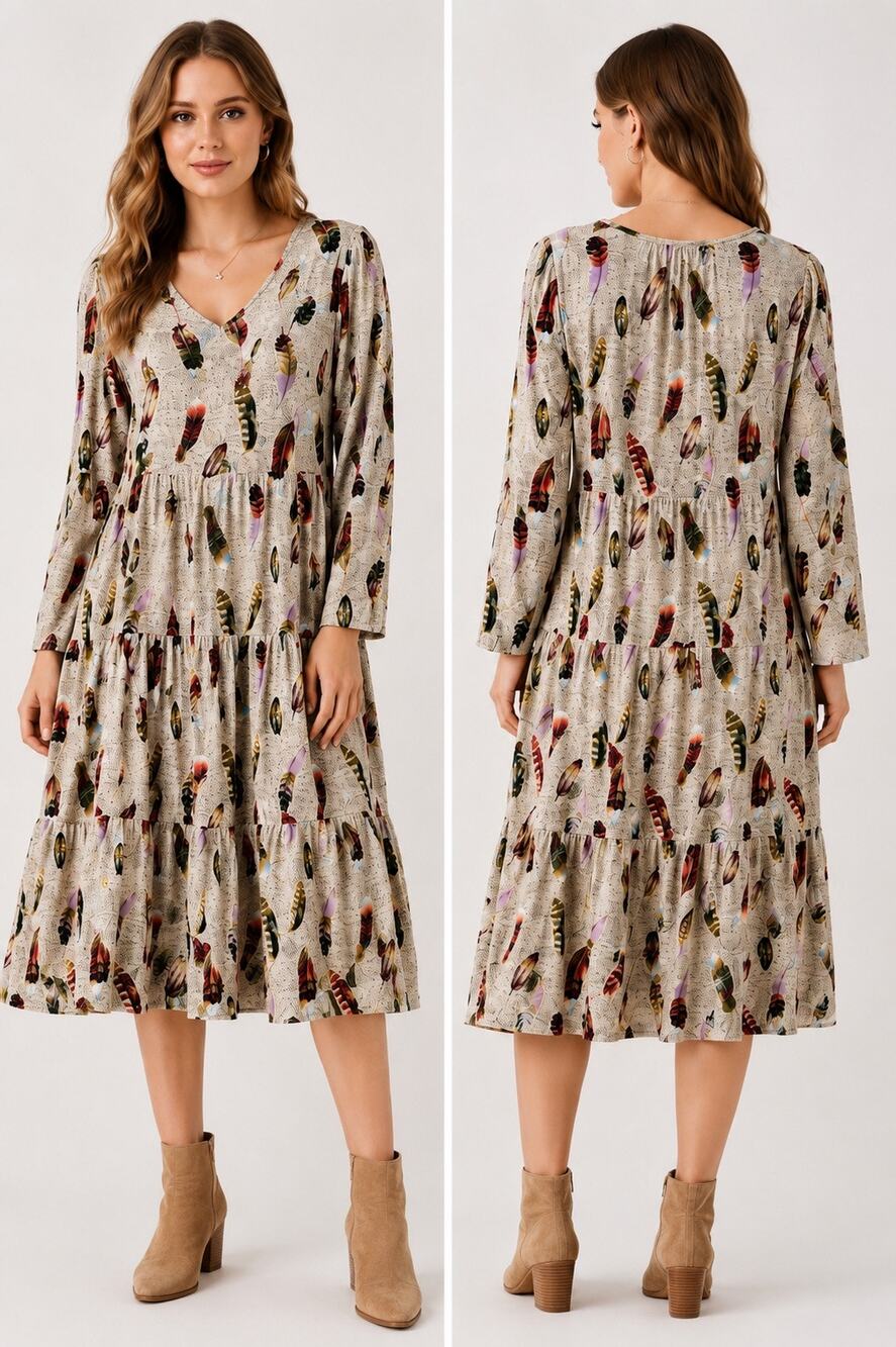 Astrologie Women’s L
Feather Print Tiered Maxi Dress V-Neck Long Sleeve
Oatmeal